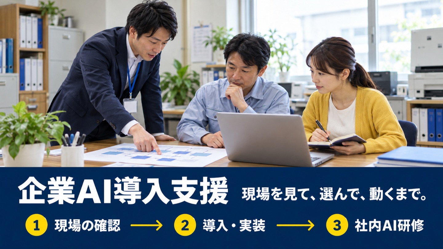 企業AI導入支援。現場を見て、選んで、動くまで。